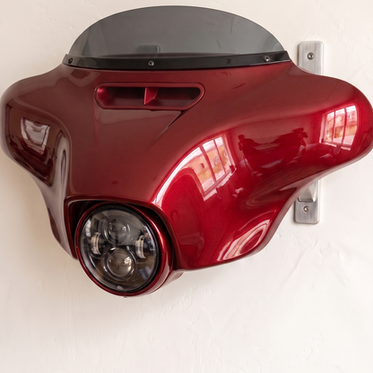 HarleyHood batwing fairing wall mount in Billiard Red on a brushed steel bracket