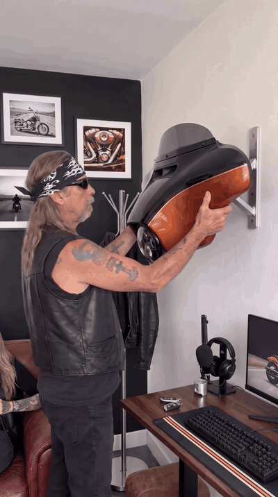 Hanging the HarleyHood on its wall bracket in seconds