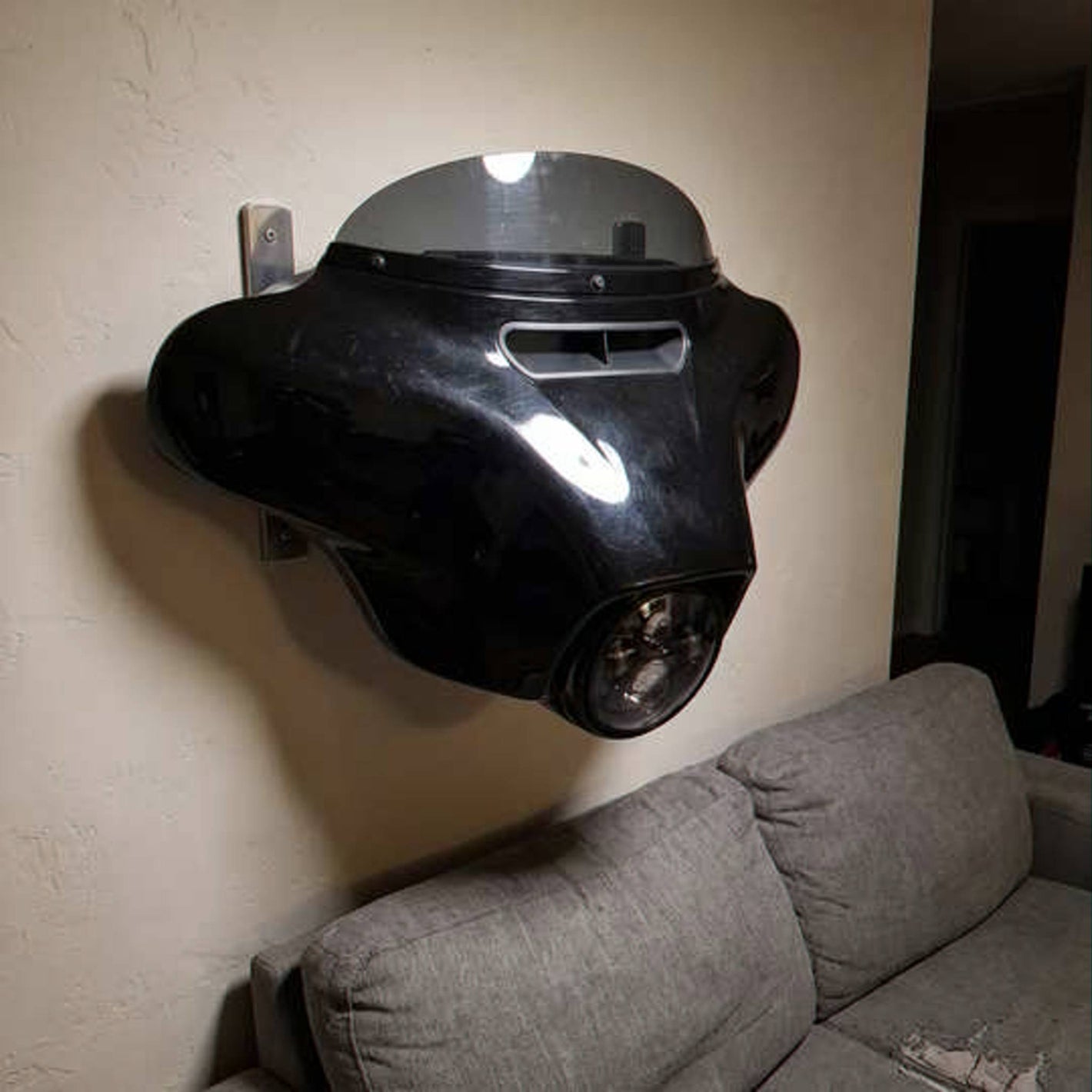 Customer photo - black HarleyHood above couch