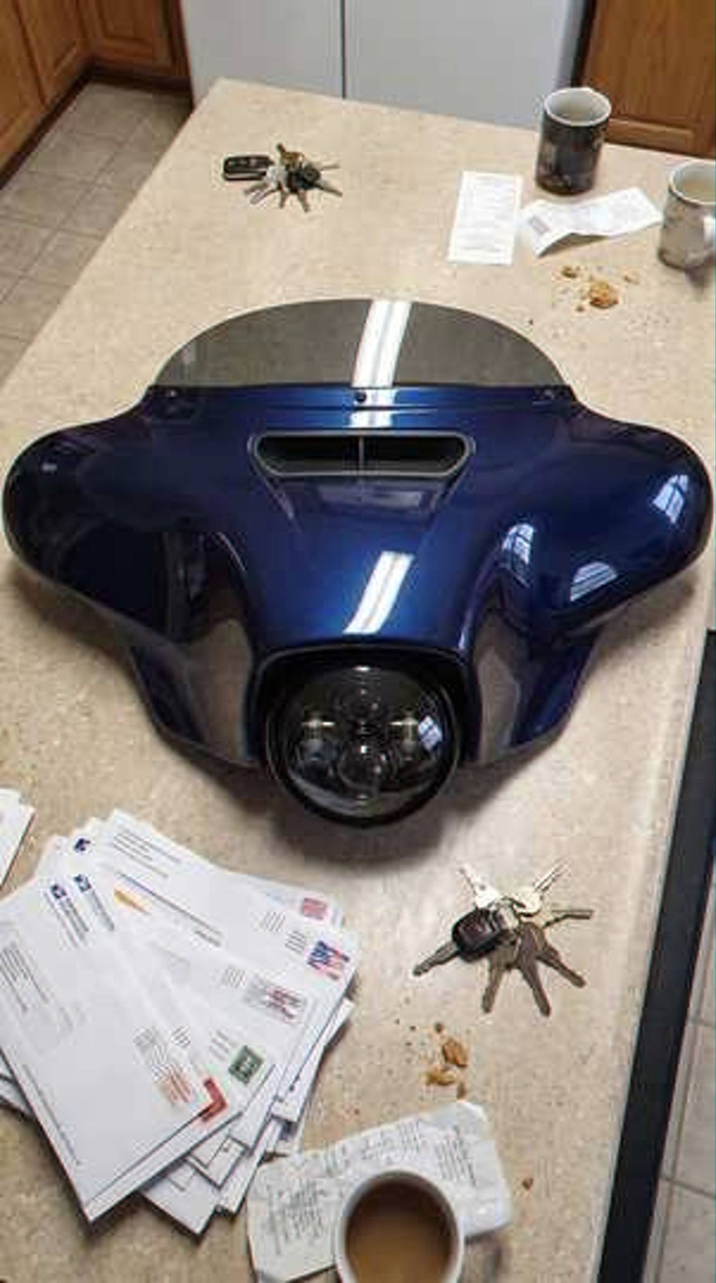 Customer photo - blue HarleyHood on kitchen counter